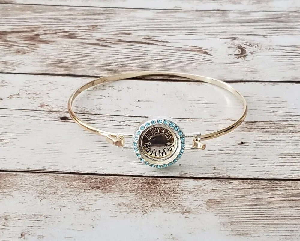 Vintage NRO Bangle - Always Faithful Bangle with Blue Gems - Some Discoloration